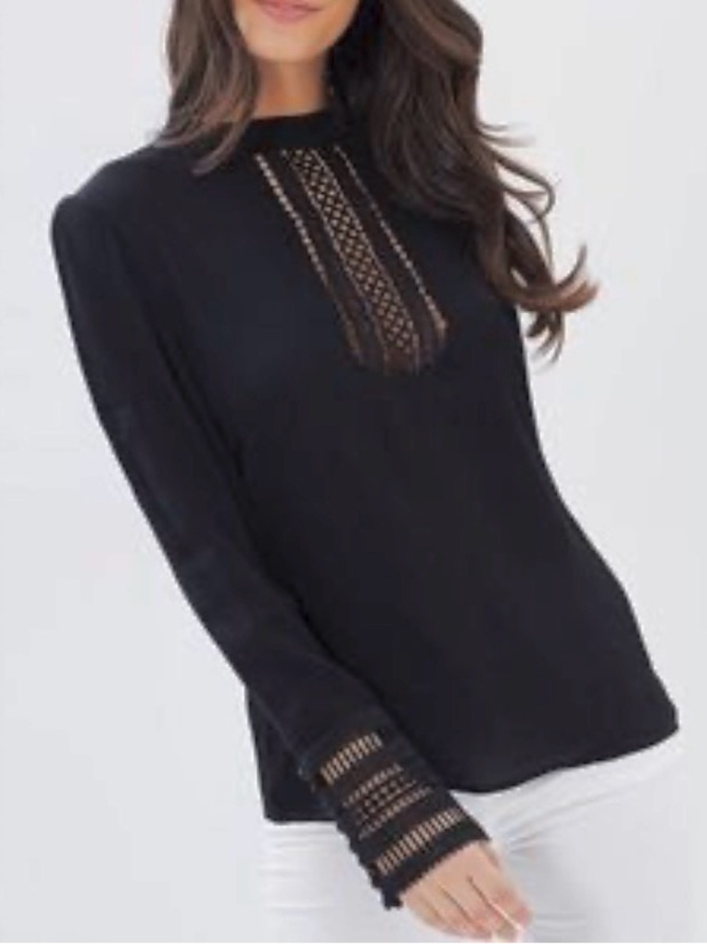 Shilla Beyond Black Long-Sleeve Top Blouse Shirt Embroidered Lace Neck Cuffs XS